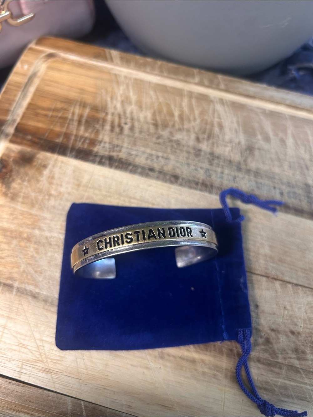 Dior Silver-Tone 'Christian Dior' Engraved Cuff Bracelet